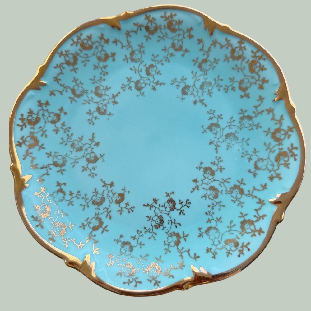 Bareuther Bavaria Turquoise Blue Gold Filigree Scalloped Porcelain Plate 7.75in